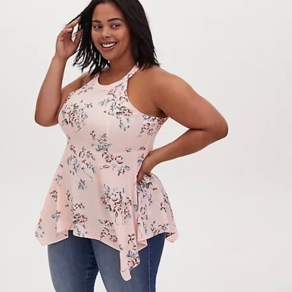 TORRID PINK FLORAL HIGH NECK HANDKERCHIEF TANK - Picture 6 of 8